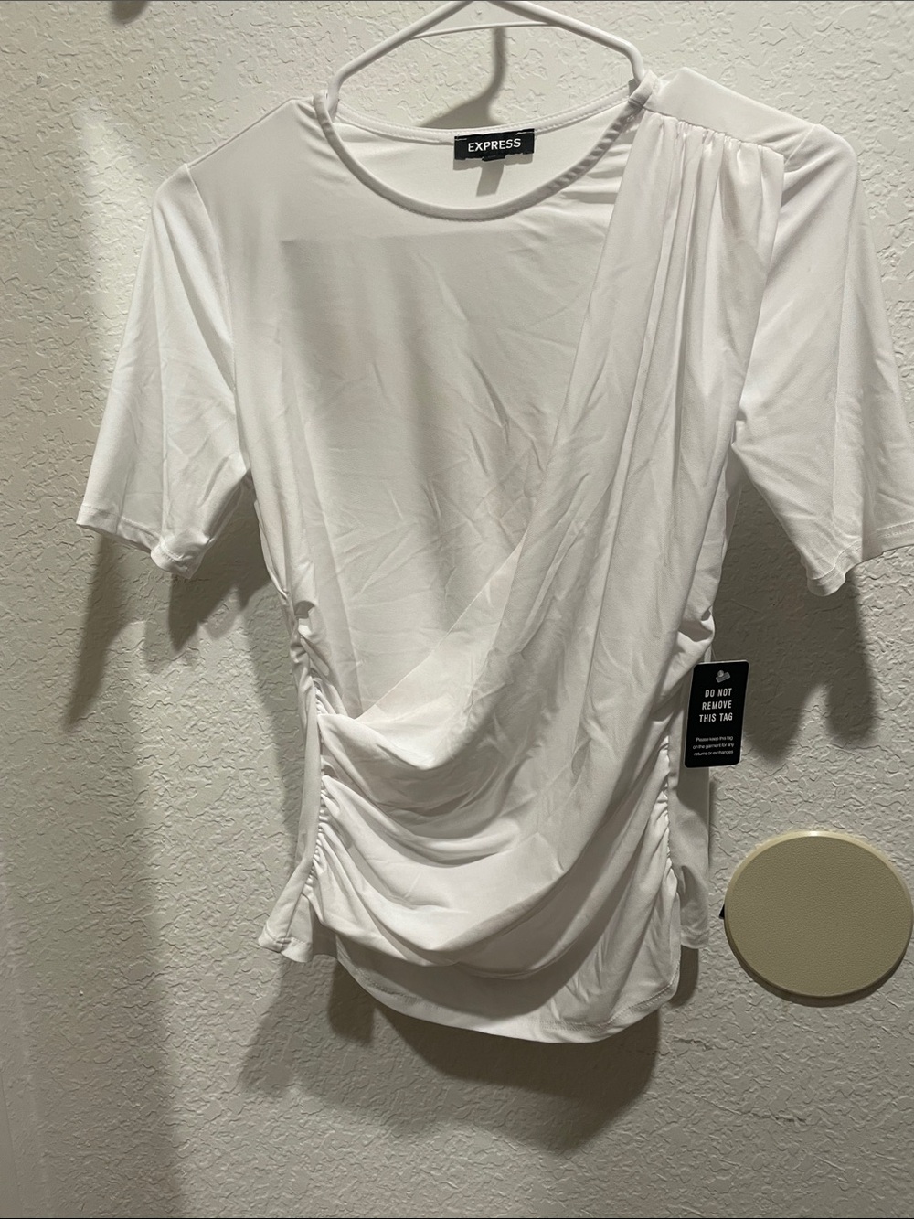 Express White Draped Short Sleeve Tee with Side Ruching